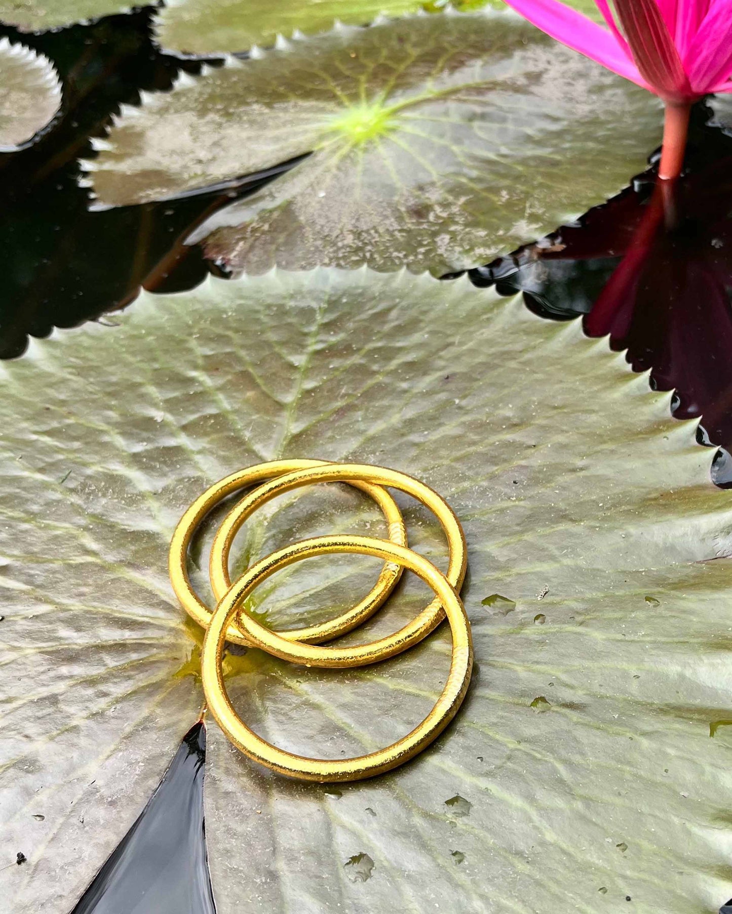 Chunky Kumlai Buddhist bangles in classic gold, floating on a water lily leaf.