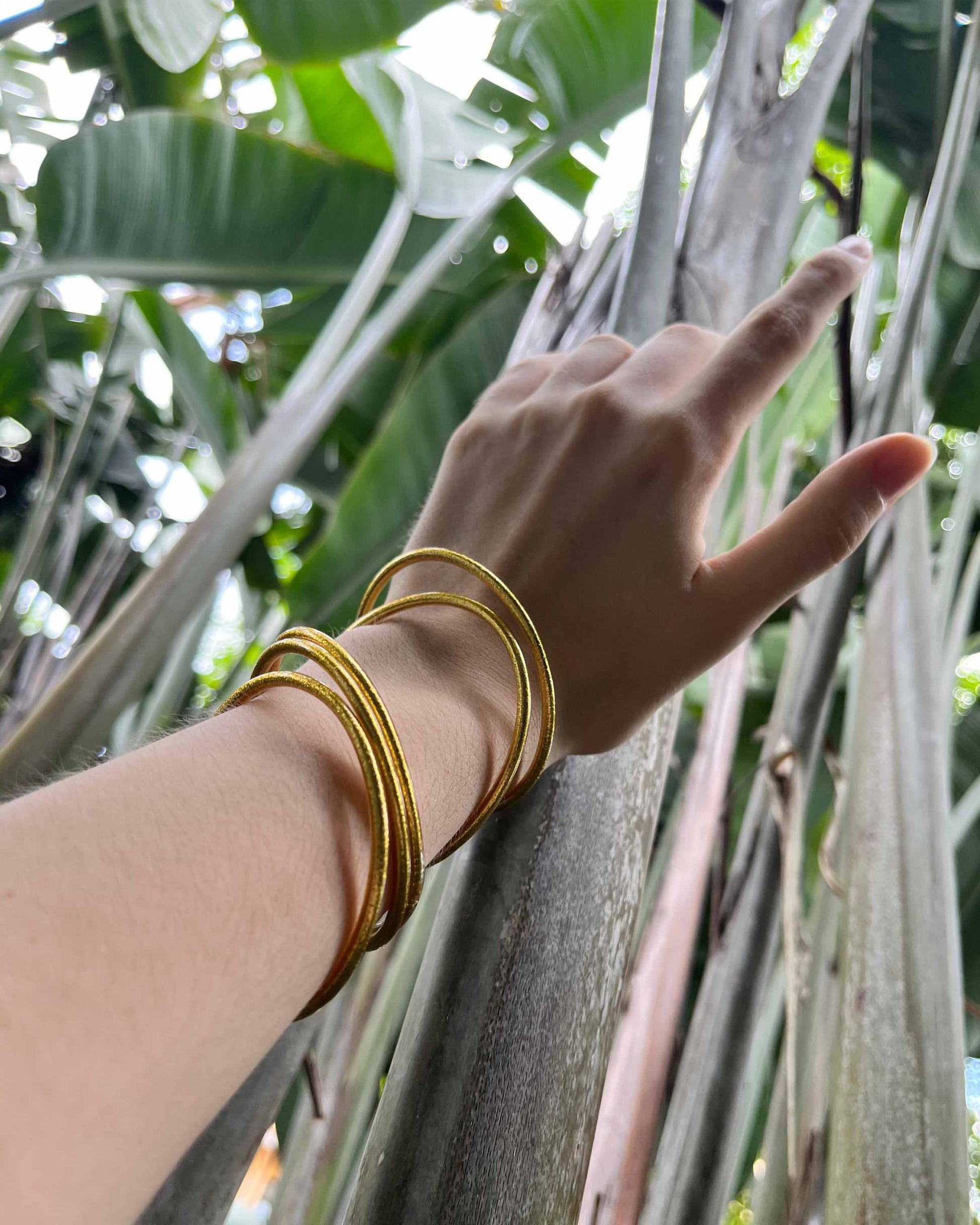 Chunky Kumlai Buddhist bangles in classic gold, worn against a palm tree background.
