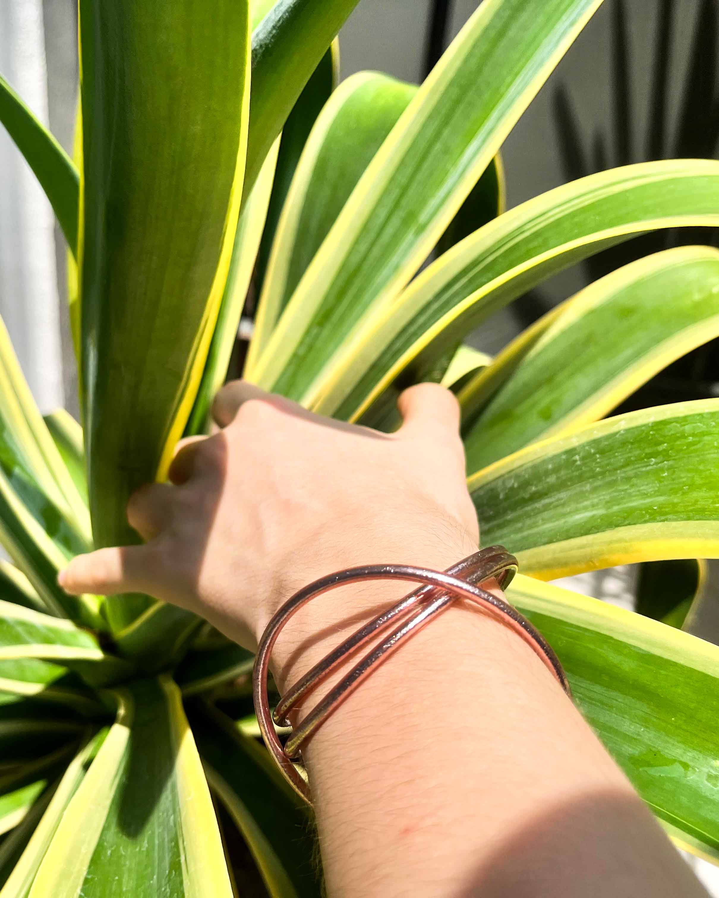 Kumlai Buddhist bangles in rose gold, slim style, worn against a succulent plant background.